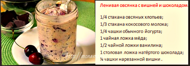 ленивая овсянка с вишней и шоколадом